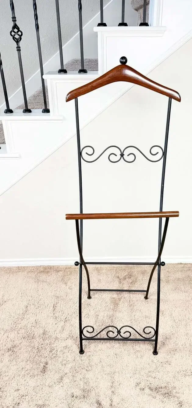 Vintage MCM Folding Butler Valet Stand Wood & Wrought Iron Clothes Rack Hanger